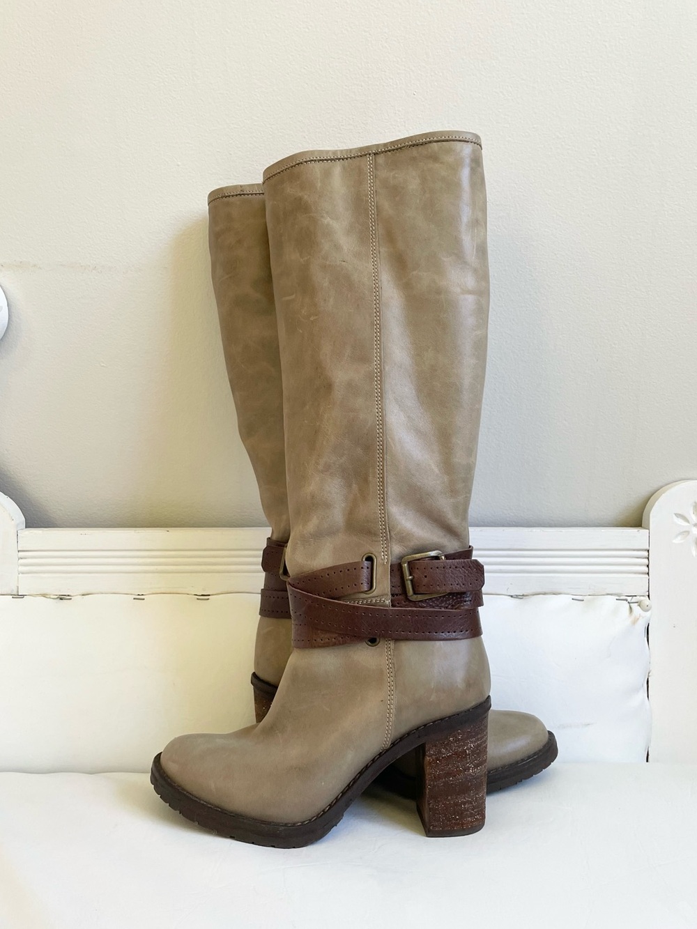 FABIANELLI TAUPE LEATHER KNEE BOOTS ITALIAN BLOCK STACKED WOOD HEEL BROWN STRAPS